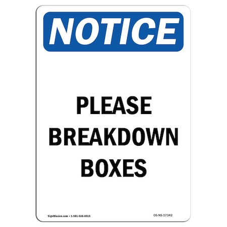 Signmission Safety Sign, OSHA Notice, 10" Height, Rigid Plastic, Please Breakdown Boxes Sign, Portrait OS-NS-P-710-V-17342